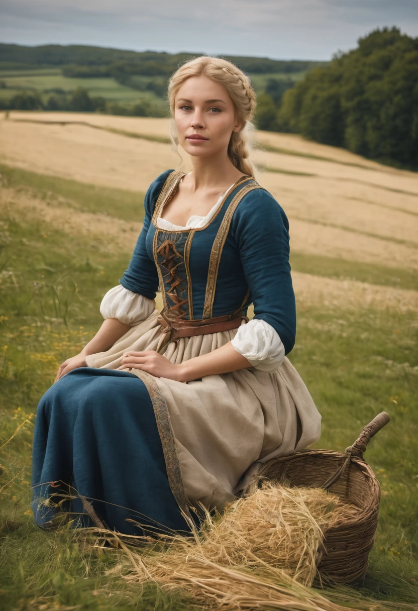 realistic image of a blonde, medieval, peasant woman, full body, looking at the camera, in the field, dressed. --auto --s2