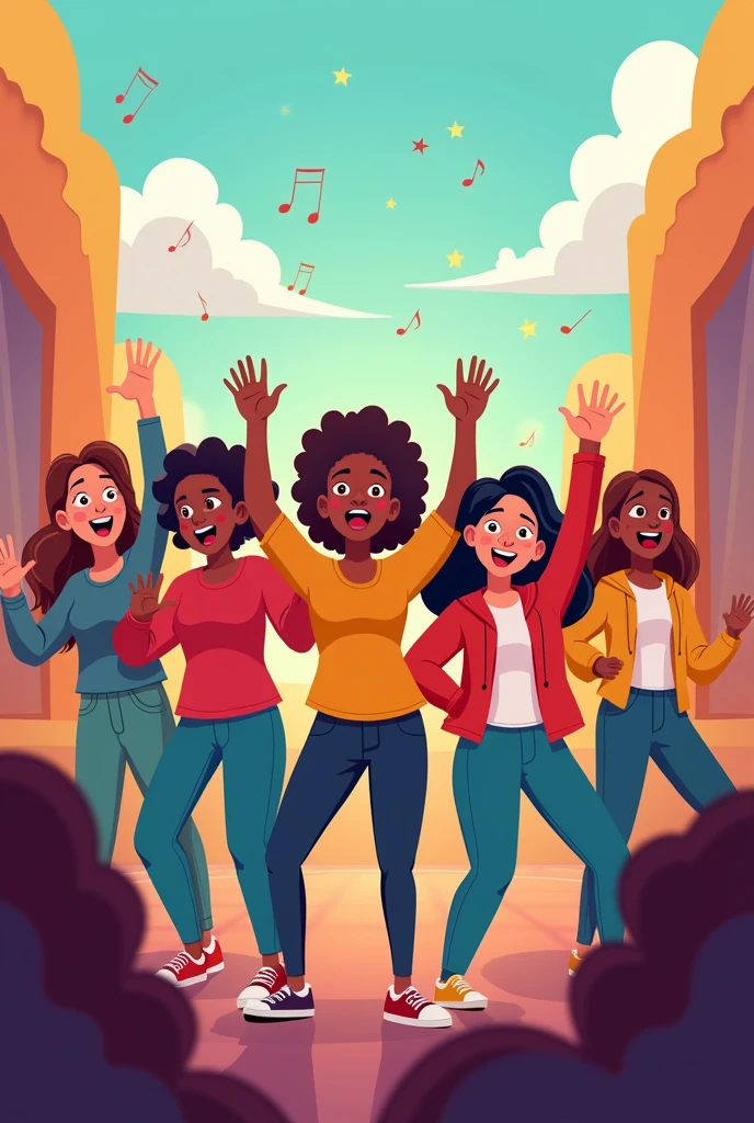 group of guys and girls singing in cartoon style