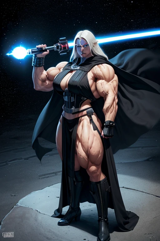 ((Massive, tall, beautiful, buff, muscular light brown skinned female Sith Lord with white hair, black lipstick, ginormous bulky muscles, holding a lightsaber and wearing a black jedi sith hood with a long gothic dress)), (close view), black eyeliner, massive muscles, massive biceps, hyper muscle triceps, (long straight hair), ((glowing blue eyes)), (long gothic dress), sith boots, In space, (Sith hood), nighttime, (evil smile), hyper muscles arms, hyper muscle legs, massive arms