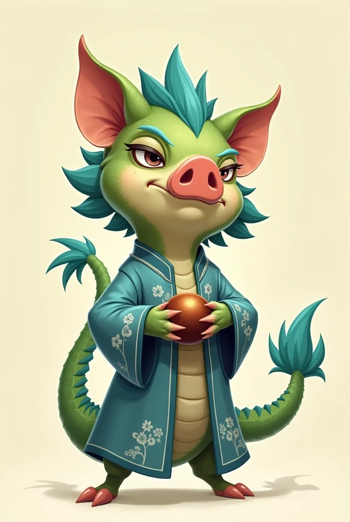 Digital illustration of a stylized, anthropomorphic pig character. Pig has a serpentine body covered in green scales, with blue accents on its mane and tail. It has a big lips and expressive, narrowed eyes. The turtle is dressed in a traditional chinese robe, chinese robe with a blue outer layer adorned with white floral patterns and a green inner layer. The pig is holding a small, round object in its clawed hands. The background is a plain, light beige color, which highlights the character's detailed design and vibrant colors.