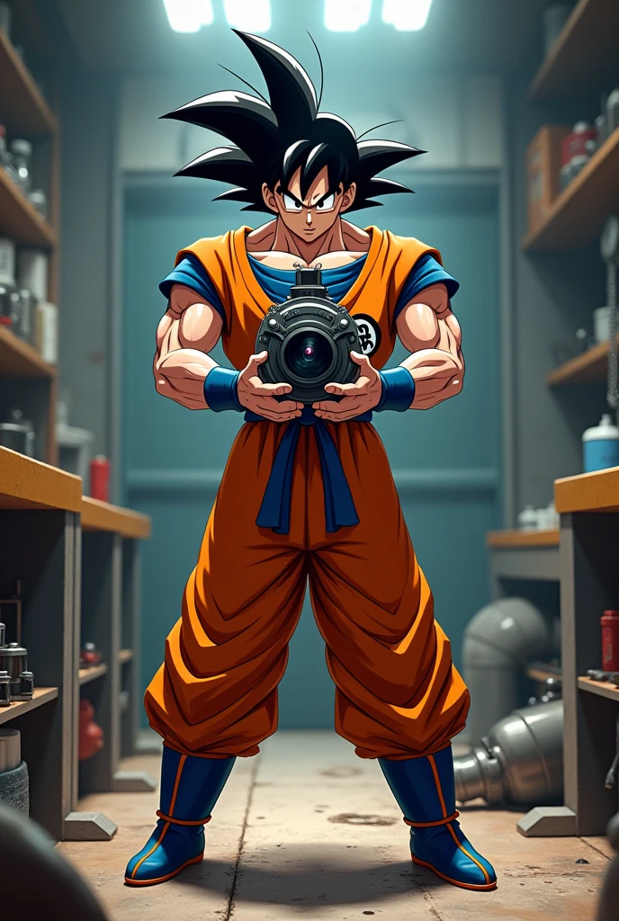 create the image of goku from gragon ball protecting the engine while holding a car engine filter