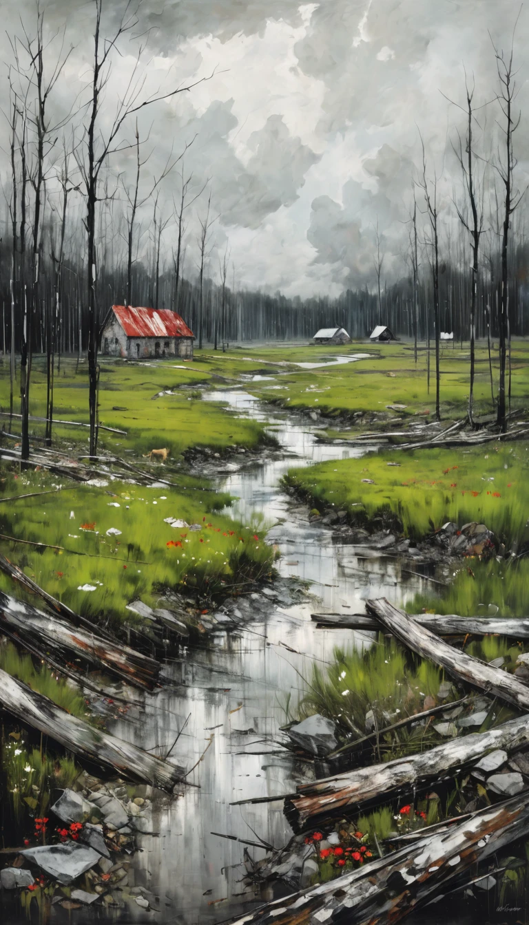 artist by Anselm Kiefer,inside the village,wild animals,light tones,(smooth strokes),fine sketches,Vivid,Moody,Landscapes,Fantasy,Dark,landscape oil painting, red and green colors