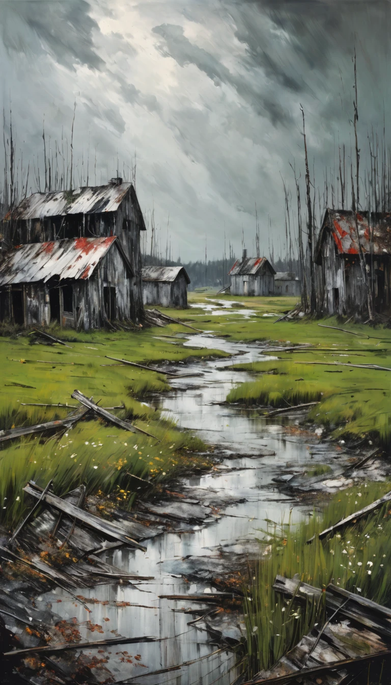 artist by Anselm Kiefer,inside the village,wild animals,light tones,(smooth strokes),fine sketches,Vivid,Moody,Landscapes,Fantasy,Dark,landscape oil painting, red and green colors