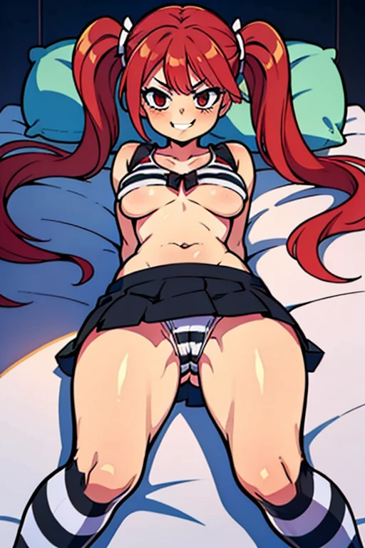 detailed digital art, slim girl, hair is in two pigtails, middle sized breast, mini skirt,slightly visible panty ((Red Black striped)), high kneesocks, laying on her back, legs wide spread, lustful smirk, only underwear 