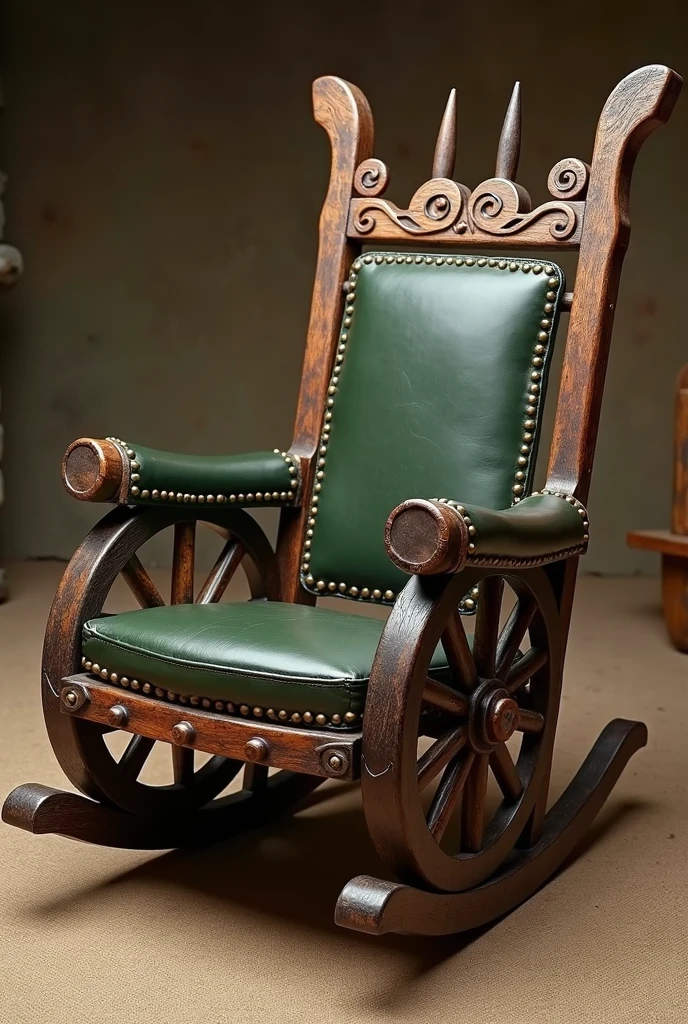 Rocking chair, of wood, rustic style. With large, bulky wheelbarrow wheels on its armrests, A comfortable, padded seat and backrest in dark green leather, and a wood full of openwork details made by a carpenter, with many decorations. Designed for an upper-class hobbit from the Lord of the Rings movie