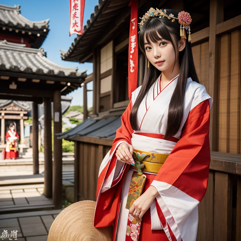 ((Highest quality、Tabletop、8k、Best image quality、１Only people))、Japanese Shrine maiden of the Edo period、Japanese hair ornaments、Shrine maiden&#39;White、Shrine maiden千早、Shrine maiden&#39;Red too、long Red too、perfect red and white Shrine maiden costume、The atmosphere of ancient Japan、classic and classic Shrine maiden、Classic atmosphere、Depiction of the film、classic Shrine maiden、Full of Japanese atmosphere from the Edo period、Look at me、Elegant smile、Upper body photo、Perfectly recreates the atmosphere of Japan during the Edo period、halo、High quality,Japanese idol,18yo,expressionless,look at viewer,medium bob hair, brown hair,Colorful flower crown in primary colors, brown eyeshadow, light pink cheek,eyeliner, beige lipstick, glossy lips, pink dress with frills and lace, colorful flower petals in primary colors, detailed hair, slightly tousled hair, detailed eyelash,detailed skin pores,low angle,blue background,natural lighting