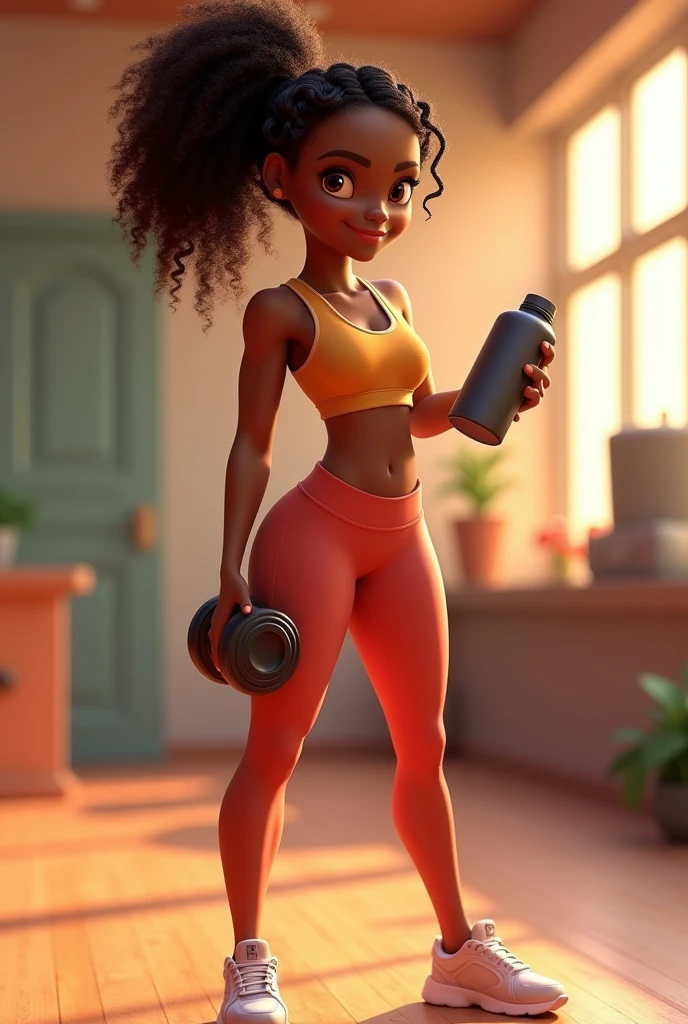 pixar 3d drawing of a black brazilian woman, full body hair tied in ponytail and braid in gym clothes standing holding a bottle of water and a gym weight