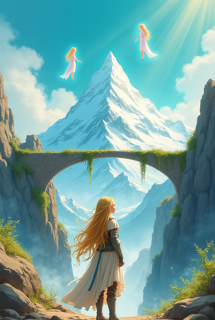 Realistic watercolor illustration of a 1 blonde girl, standing from behind, dressed as a modern warrior in a fantasy world. Her long golden hair falls in locks over a light modern armor with intricate detailing. The young girl stands in a determined stance, looking up at a bright turquoise sky, where her two  sisters float like translucent ethereal spirits, enveloped in a magical glow. Behind her, majestic snow-capped mountains rise, and an ancient bridge, covered in flowering vines, spans a chasm. The surroundings are bathed in a mystical light, with a magical air enveloping the entire scene, highlighting the connection between the sisters and their fantasy world. Vibrant colors. Fantasy. 4k