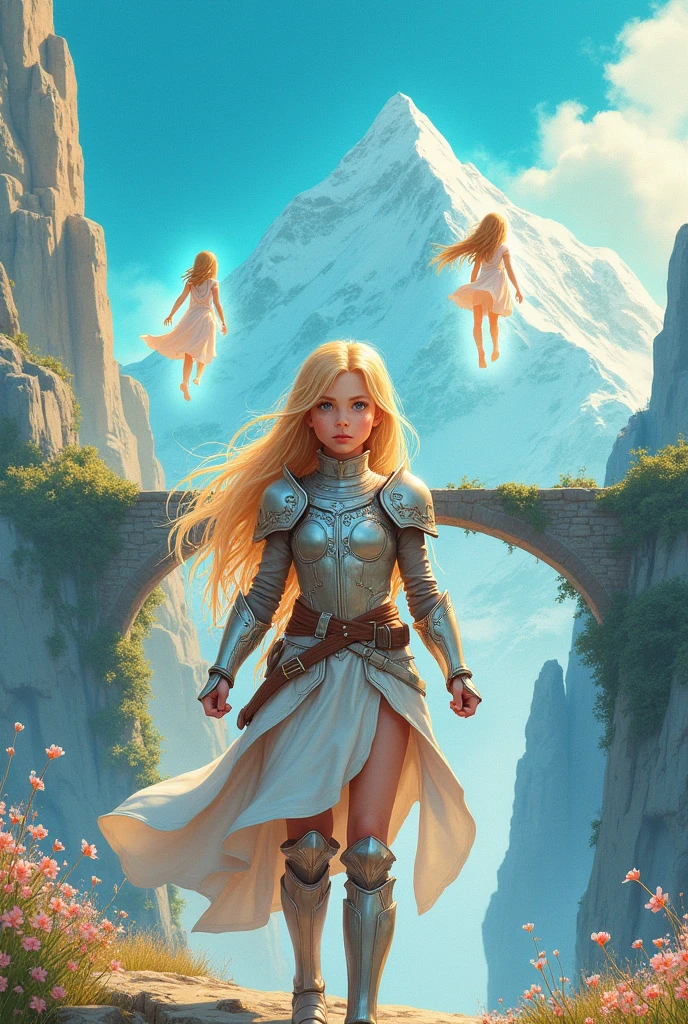 Realistic watercolor illustration of a 1 blonde girl, standing from behind, dressed as a modern warrior in a fantasy world. Her long golden hair falls in locks over a light modern armor with intricate detailing. The young girl stands in a determined stance, looking up at a bright turquoise sky, where her two  sisters float like translucent ethereal spirits, enveloped in a magical glow. Behind her, majestic snow-capped mountains rise, and an ancient bridge, covered in flowering vines, spans a chasm. The surroundings are bathed in a mystical light, with a magical air enveloping the entire scene, highlighting the connection between the sisters and their fantasy world. Vibrant colors. Fantasy. 4k