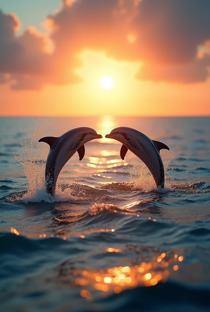 sun rising at sea, with dolphins jumping. highest quallity, 4k photo of sunlight, hot weather, [eyeshadows], photographed on a Nikon D850, 50mmf/5.6 lenses, ISO 100, HDR, 8k, highy detailed, sharp focus, Cinemastil 800T, from front view, eye focus, naturallight