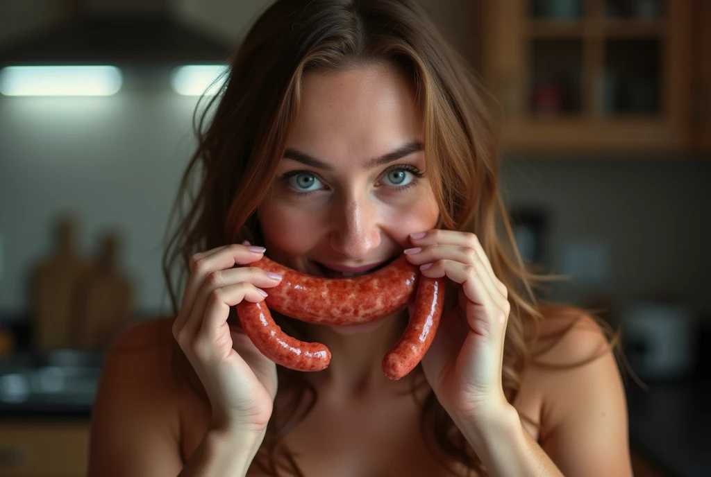 put penis in mouth,Heaps of sausages in both hands,muscular woman Eating cum shot penis battle contest,in kitchen stadium,