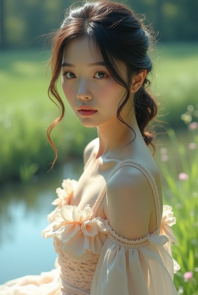 a beautiful girl, angelic face, japanese, close up shot, ruffles outfits, leotard, pond, meadow