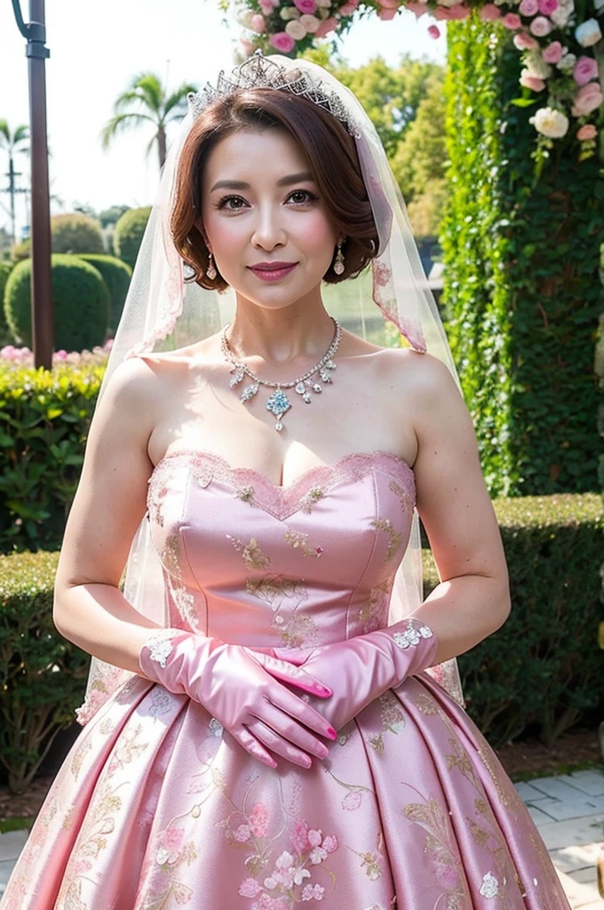 ((Masterpiece)), ((Best Quality)), A middle-aged short-hair woman, ((She is wearing an ornamental pink wedding dress)), She is wearing gloves on her hands., outdoor, She is in a garden. She is wearing a big necklace, She is wearing a wedding veil.