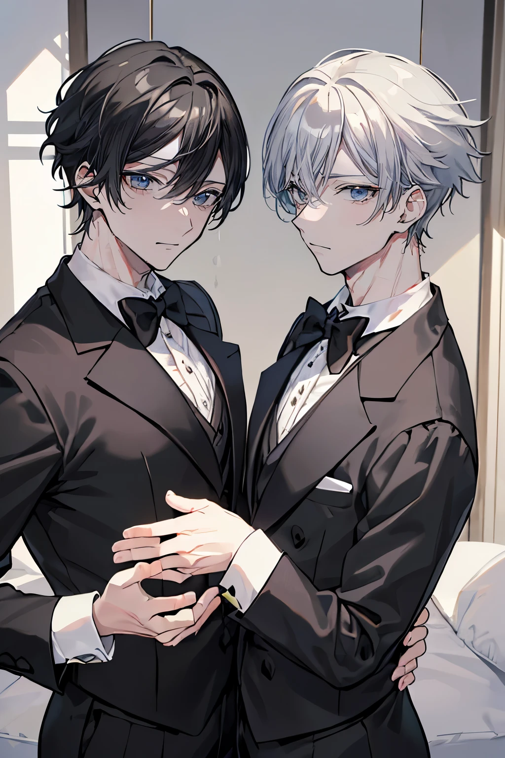 (Mastepiece)、(Best Quality)、Very detailed、((Two butlers:1.5))、Perfect Face、Beautiful Face、Very detailedな顔、(Black-haired man:1.3)、(Grey-haired man:1.3)、Deacon's uniform、(glasses:1.3)、(White gloves:1.3)、Smiling face