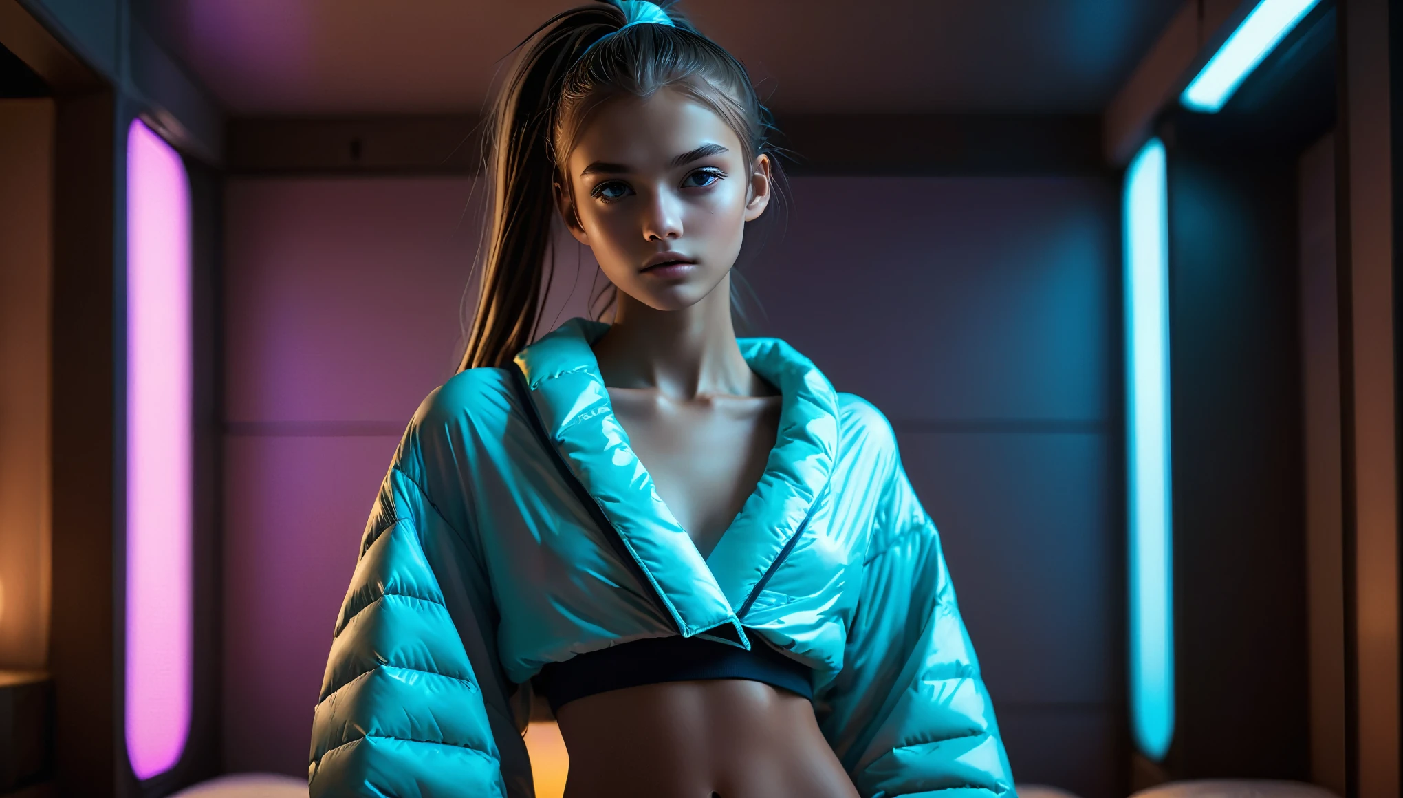 Top Quality, Masterpiece, High Resolution, 8k, (((cute skinny barely legal girl in oversized puffer Spa Wrap Top, small perky breasts, beautiful detailed eyes, beautiful detailed lips, small closed mouth, extremely detailed face, long ponytail hair, small hips))), cyberpunk apartment, moody atmosphere, dramatic and random neon colors, futuristic setting, intricate details, at night, backlit, full body shot, view from distance