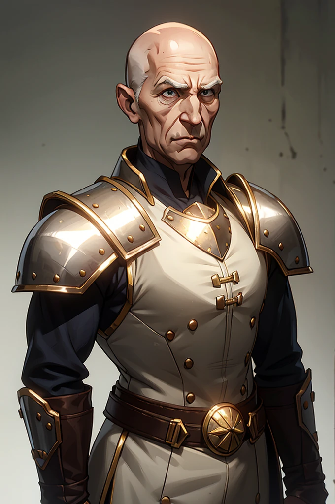 bald gaunt old man with hollow cheeks in a silver French Cuirassiers Breast-Plate chest Armor with brown robe below and glowing si-fi LED light attached, portrait, plain white background