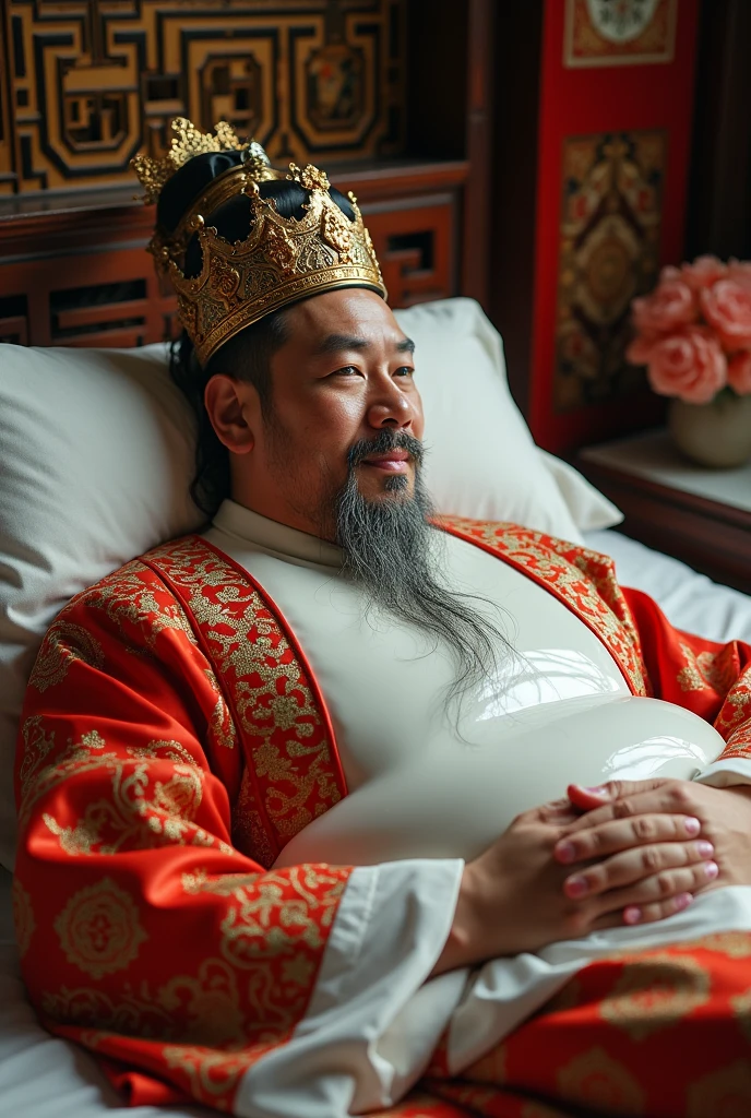 Chinese emperor, dick drenched in milky mucus, laying in bed,