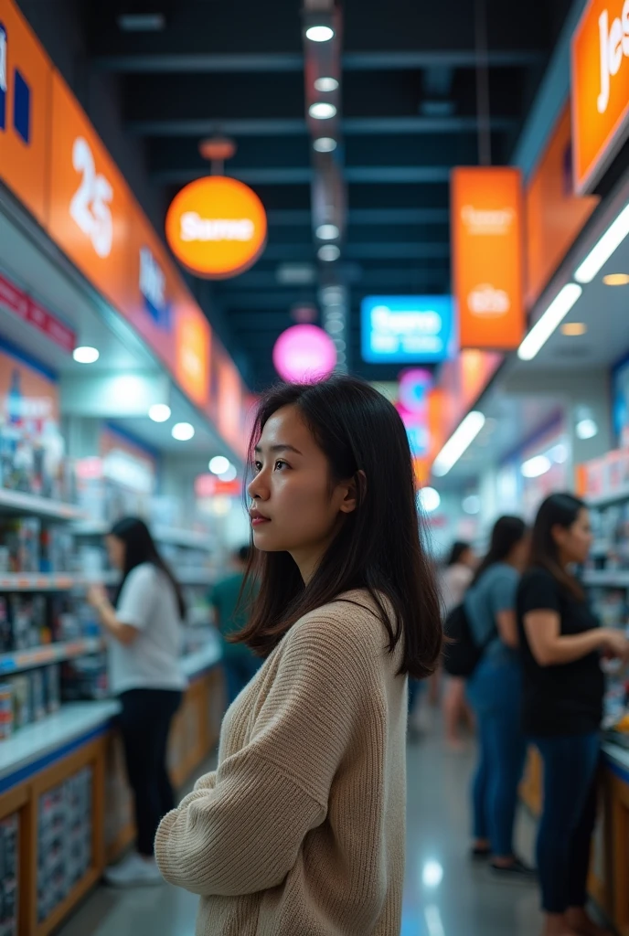 A Female Filipino 2 wearing a sweater thinking about buying a part for her computer at a computer mall shop store