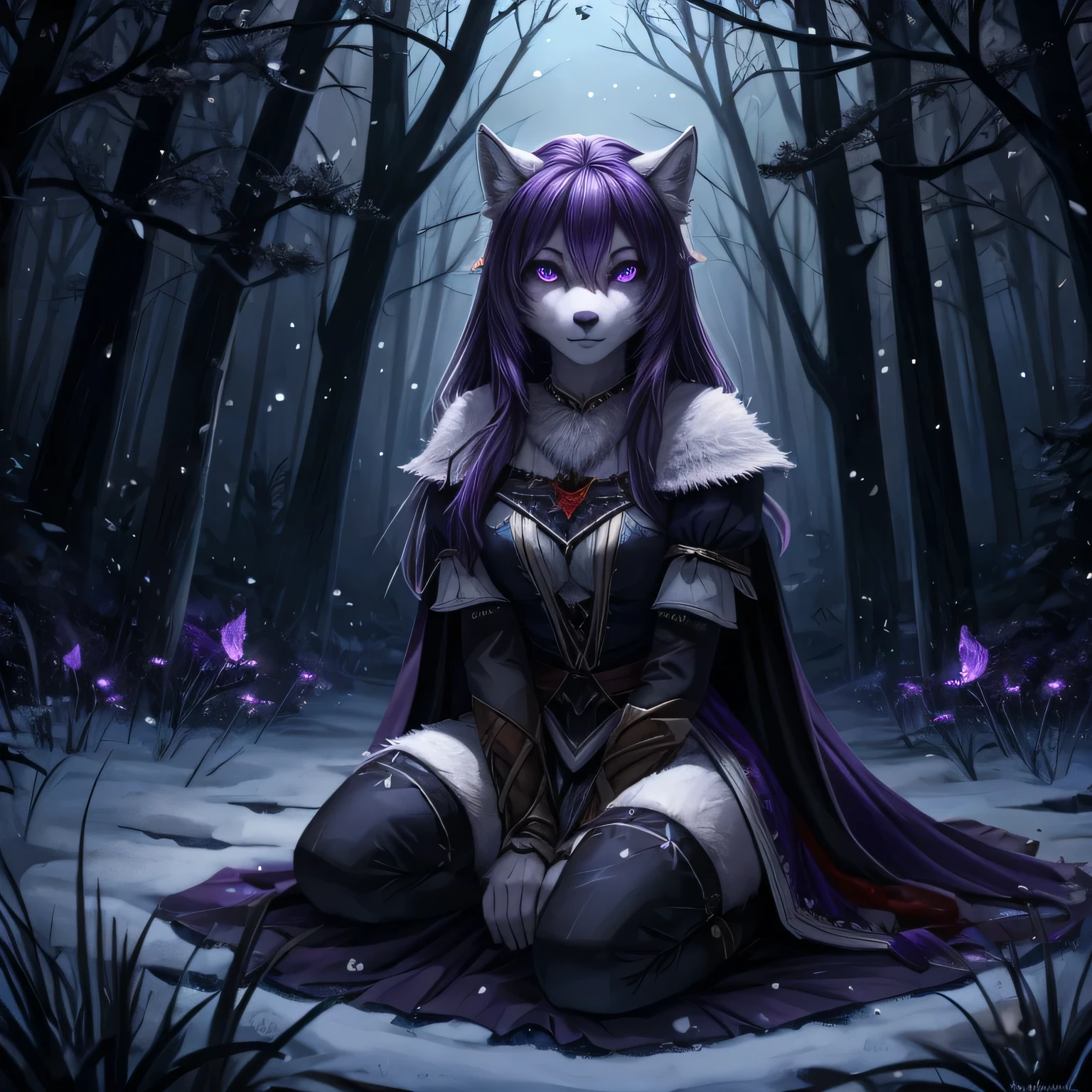 furry wolf girl with white fur and long black and purple hair, sits on the dark ground in the dark forest, purple fireflies are flying around. The wolf is dressed in a long snowy fantasy outfit, creepy look, hands in blood