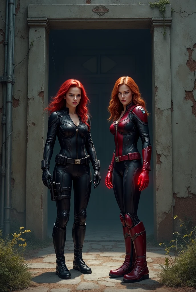 Black Widow + Scarlet Witch standing outside of the den