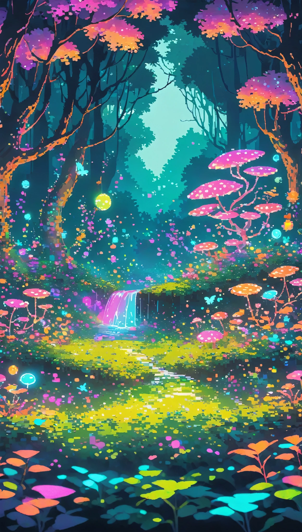 dark neon Magical Forest and Witch pixel