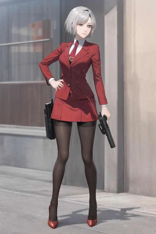 Highest quality、Ultra HD、Vivid colors、One Woman、(Silver short hair)、(Red Blazer 1.3)、(Red tie)、(shirt)、(Red Heels 1.1)、((Red Mini Tight Skirt))、((Black Tights 1.2))、((1 holding a gun in both hands.5))、stylish、Beautiful Face、(Black Belt 1.2)、2 female、Glamorous Body、(Sunset slum background 1.2)、((Clear and beautiful touch))