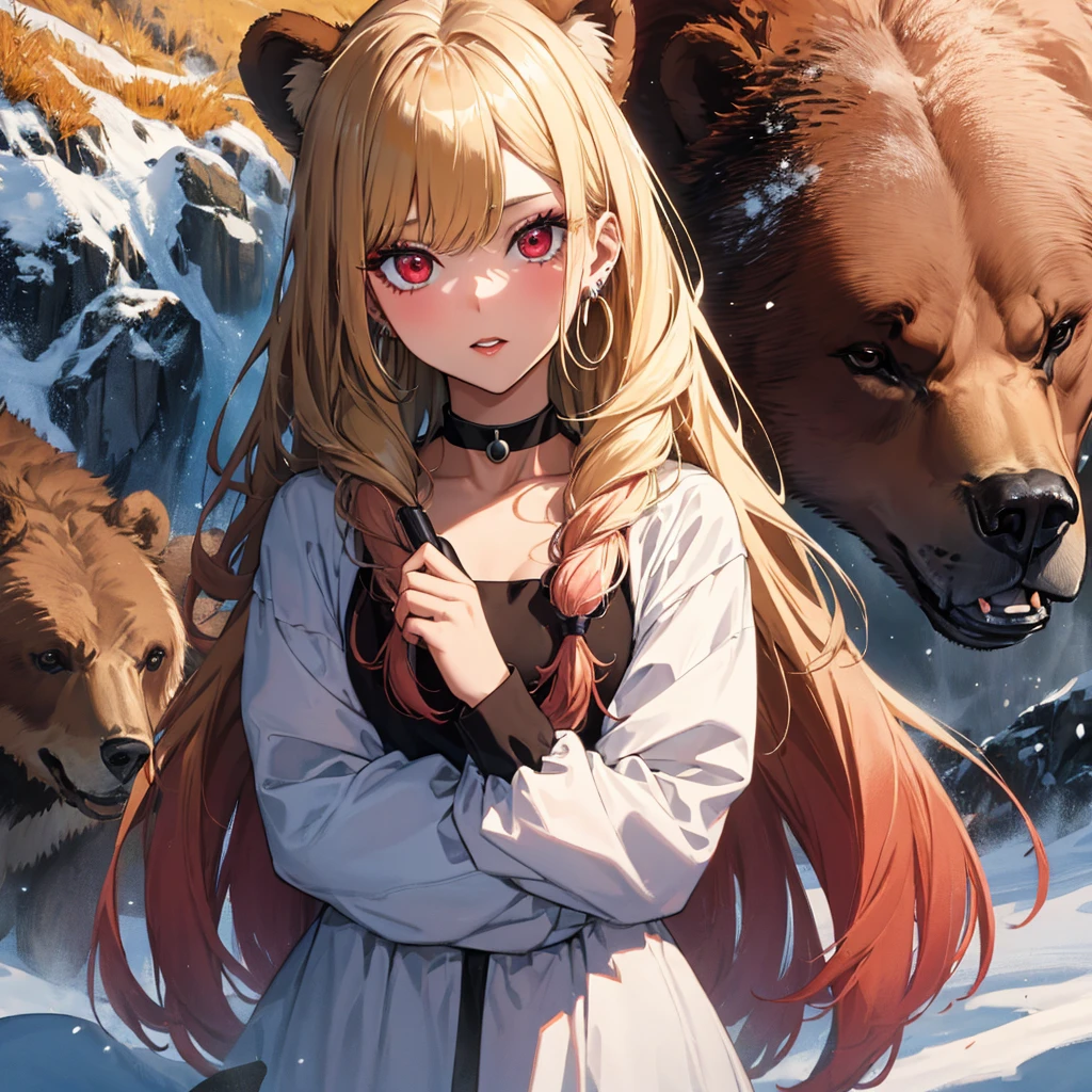Girl embraced by brown bear, Brown Bear, Kitagawa Marine, The background is snowy mountains, One girl, Blonde Hair, Long Hair, Multicolored Hair, Red eyes, jewelry, Earrings, Earrings, Black choker, uhd, retina, masterpiece, ccurate, anatomically correct, textured skin, super detail, high details, high quality, best quality, highres, 4K