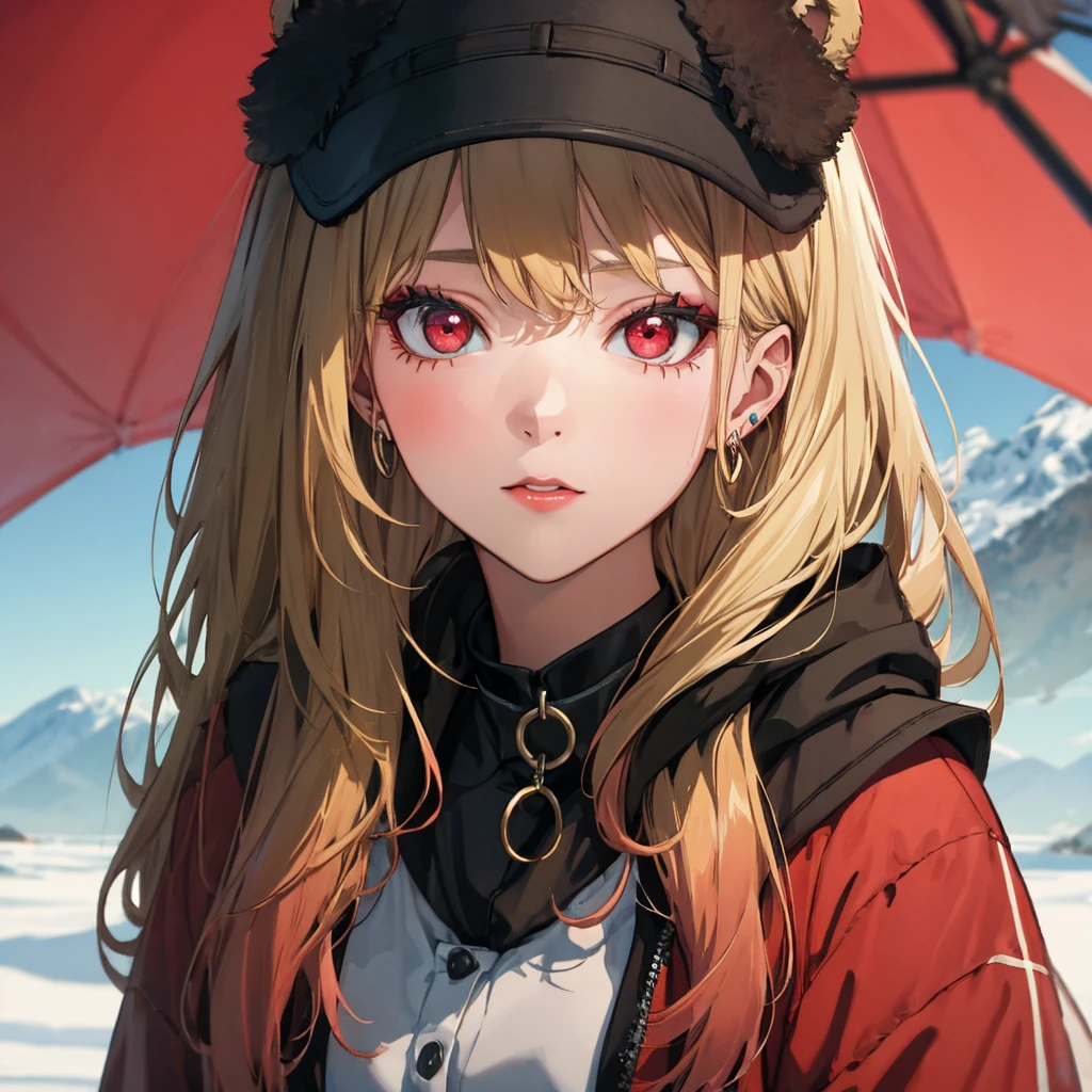 Girl embraced by brown bear, Brown Bear, Kitagawa Marine, The background is snowy mountains, One girl, Blonde Hair, Long Hair, Multicolored Hair, Red eyes, jewelry, Earrings, Earrings, Black choker, uhd, retina, masterpiece, ccurate, anatomically correct, textured skin, super detail, high details, high quality, best quality, highres, 4K