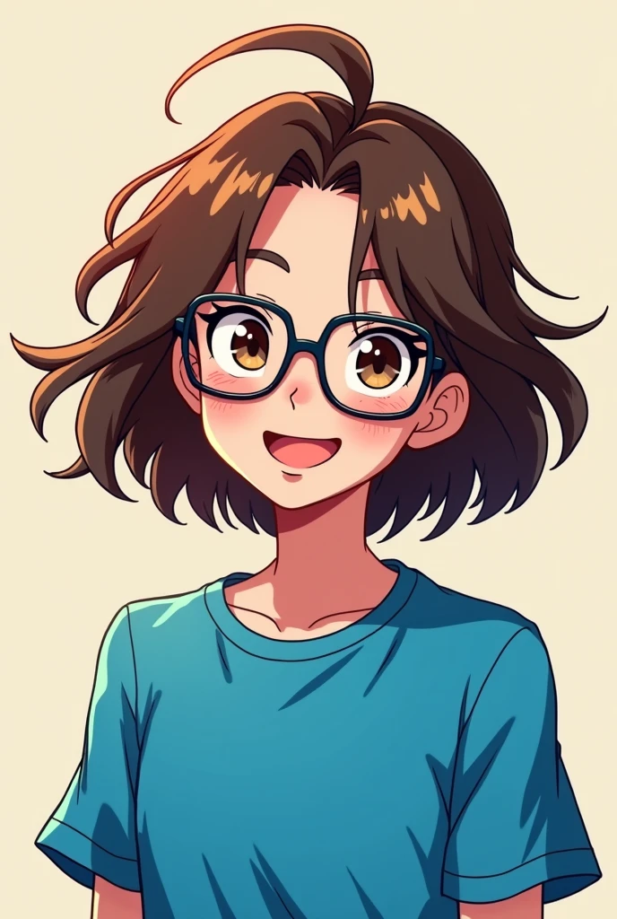 Hair: Brown, styled in a lively and dynamic manner.Glasses: The character should be wearing stylish glasses that complement the anime aesthetic.Expression: Smiling, conveying warmth and approachability.Clothing: A blue shirt that stands out and aligns with the character's friendly vibe.Overall Look: The character should be designed with clean lines and vibrant colors to ensure it stands out as a logo. The style should be eye-catching and suitable for a YouTube channel profile picture.