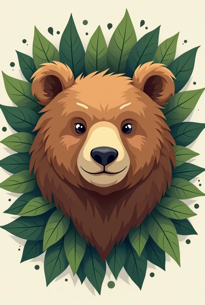 Vector art simple cute detailed textured brown bear head logo background green leaves illustration vector art type, detailed, Beautiful artistic rendering in clean minimalist cartoon style