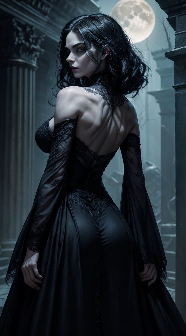 (Beautiful vampire, Tim Burton's style),(full moon),(full - body),(blood on the face),(Dark Fantasy),(ssmile, demonstration of the coolest qualities,4k,hight resolution),(Ultra-detailed),(Realistic:1.37),(HDR),(Side hustle),(physical based rendering),(Extremely detailed eyes and face),(beautiful ass),(stands with his back to the camera),(long eyelashes),(Night with dark tones),(ominous vibe),Appendix to (SINISTER, seductive) Personality. The art style is a combination of (Realistic, Photorealistic) pa (Dark, surreal) Fantasy elements, with (Rich, Vibrants) Color, Evoking feelings of hysteria, intrigue) pa (Danger, excitement). illumination (A thin, dramatic), with (soft, ethereal) moon light, Casting shadows, pa (mysterious, eldritch) Glow on the porcelain skin of a vampire.