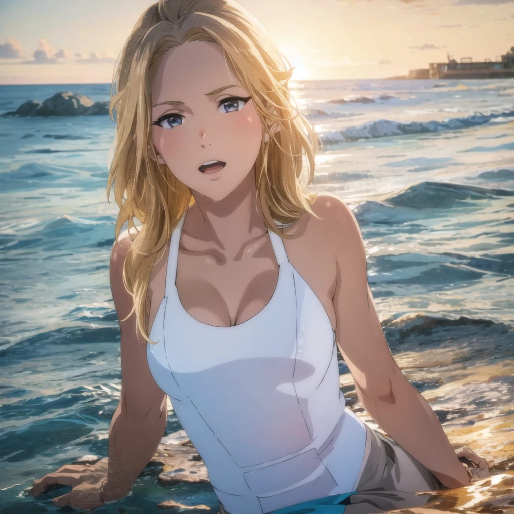 girl with long blonde hair, big grey eyes