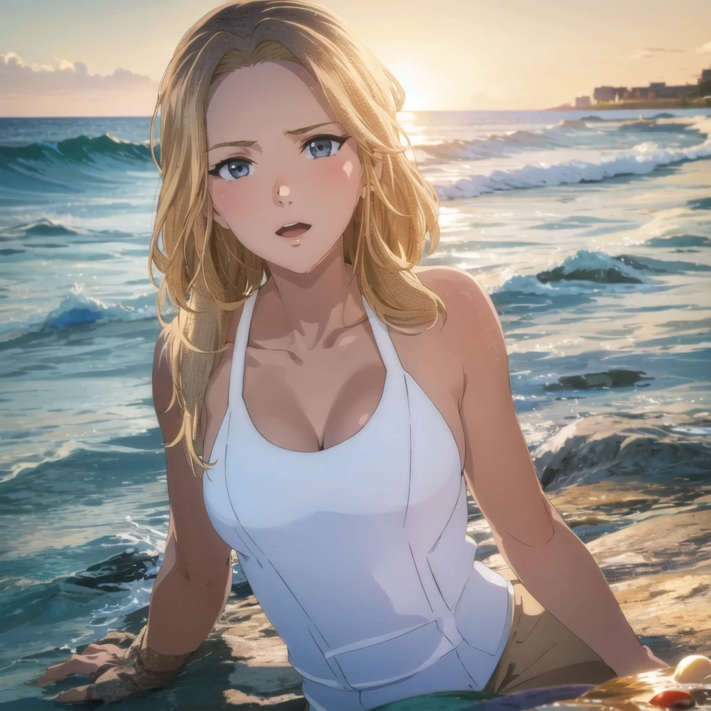 girl with long blonde hair, big grey eyes