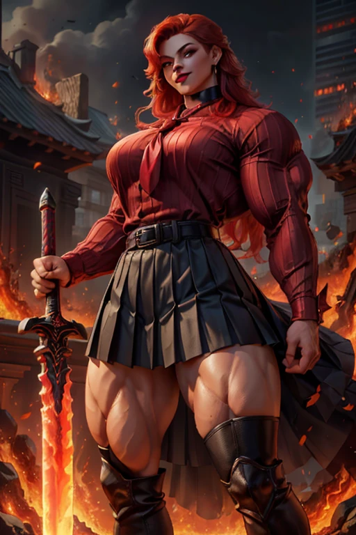 ((Massive tall, beautiful, buff, pale white skinned muscular asian woman with red hair, black lipstick, ginormous bulky muscles, carrying a fire sword and wearing a red long sleeve pleated shirt with beautiful long pleated skirt)), ((close view)), (massive muscles), long hair, yellow eyes, choker, ((red long sleeve pleated shirt and tie)), neck tie, ((beautiful long pleated skirt)), belt, thigh high socks, black boots, (in a fire city), closed smile, night, massive muscles