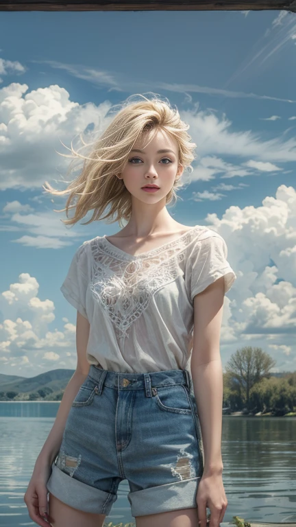 (masterpiece: 1.2, Portraiture, Highest quality), Realistic, (Live Action, Intricate details, Written boundary depth), Highest quality, masterpiece, Attention to detail, semi-Realistic, Entering the lake , Short blonde, blue eyes, blonde、 Slim figure、Shoulder Bare、Shorts and T-shirt 、Blue sky and a few clouds、Shoulder Bare