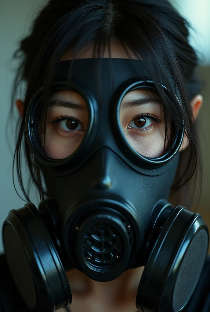 NFSW, photo-realistic, ultra-realistic, very beautiful Japanese, famous Japanese idol, young girl, She is restrained, latex BDSM, Vulgar, painful expressions, dramatic scene, masterpiece, beautiful eyes, black full-face gas mask with goggle