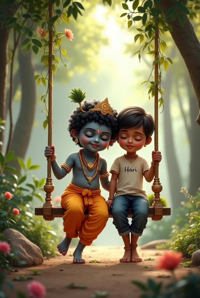 Lord Krishna sitting on the swing and next to him a boy standing with name 'HARI' on his t shirt
