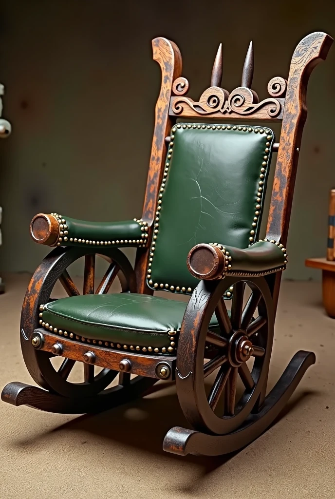Rocking chair, of wood, rustic style. With large, bulky wheelbarrow wheels on its armrests, A comfortable, padded seat and backrest in dark green leather, and a wood full of openwork details made by a carpenter, with many decorations. Designed for an upper-class hobbit from the Lord of the Rings movie