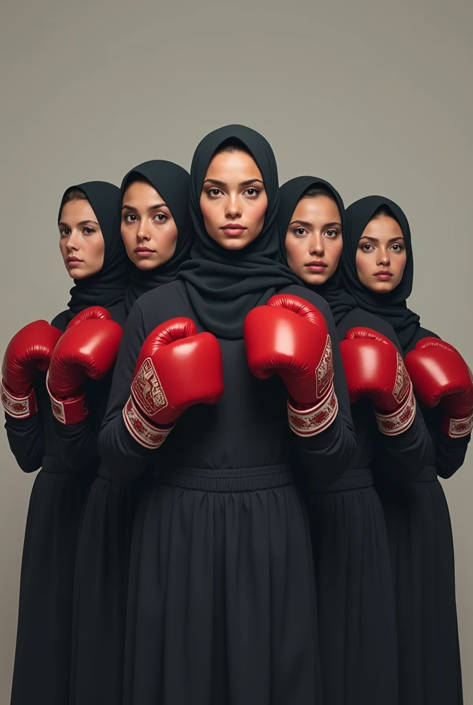 5 hijab women wearing boxing gloves facing forward