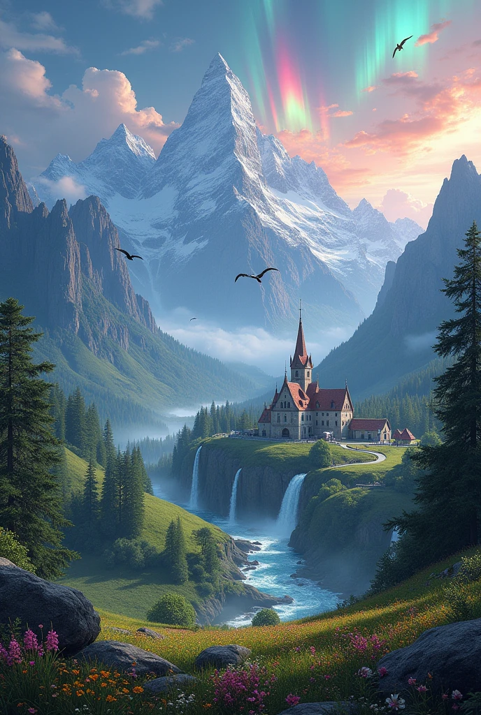 Create a landscape with forests and rivers, waterfalls and an icy mountain with the blazing sun with roads and a field of flowers with birds and animals with northern lights and hills and houses in the medieval style, dragons flying in the sky in the medieval style