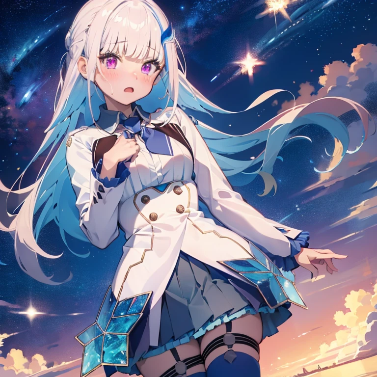Highest quality,(Ahegao),blush, lh1, hair ornamnet, long hair, long sleeves, pleated skirt, blue thighhighs, 手链, frilled skirt, white jacket, white shirt, blue skirt, thigh strap, fingering, schlick, masturbation,Are standing,slouch,Sperm dripping from thighs