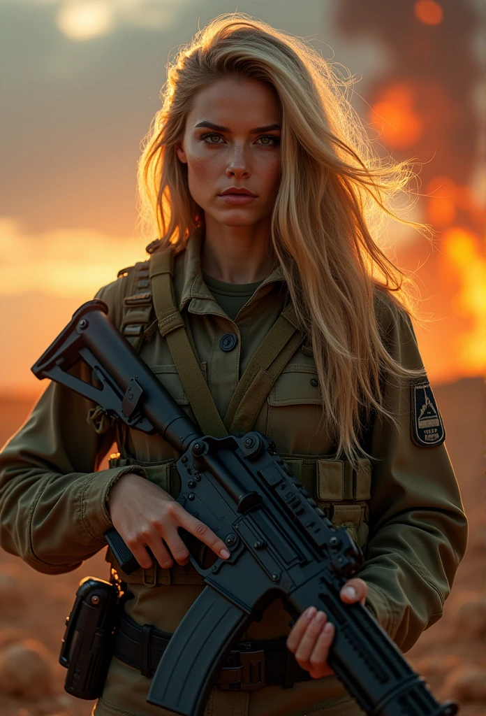 Cinematic battlefield in ruin city, a ultra-detailed hyperrealist photography of a beautiful 20 years old Israeli soldier woman, (blonde hair with extra long wavy), blue eyes, Israeli aesthetics, short hair, night, curvy, beautiful curves, army aesthetics, special forces outfit, high emphasis on detail, style Semi Impasto, matte painting, atmospheric, glowing, dramatic lighting, beautiful eyes, symmetric eyed, perfect eyes, by Magali Villeneuve, wet, moist, reflection, (masterpiece) ( Perfect proportions) (realistic photos) (highest quality) (detail) shot taken by Canon EOS R5, 50mm lens, f/2.8, HDR, (8k) (wallpaper) (movie lighting) (dramatic lighting) (sharp focus) (complex) fashion, special forces, captain, Israeli military, armed with 2 pistols, in combat, realistic uniform, multicam, fit, chest protection, united states military, camouflaged, multicam, Israeli patter,Israeli patch bulletproof vest, covered skin, bullet proof vest, weapon, gun, m4a1, m4a1 sopor, special UHD!