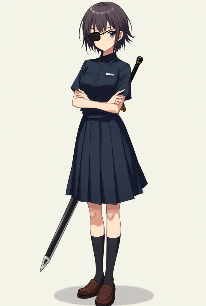 Generate a girl but she is tomboy with short hair and her uniform is a dark navy blue uniform consisting of a high-collared, short-sleeved blouse and a pleated skirt. The blouse has a simple design with a high neckline, while the skirt falls to about mid-thigh. She completes the look with dark knee-high socks and brown loafers. Nobara's outfit is practical yet stylish, reflecting her confident and no-nonsense personality in anime version with eye patch and having a sword