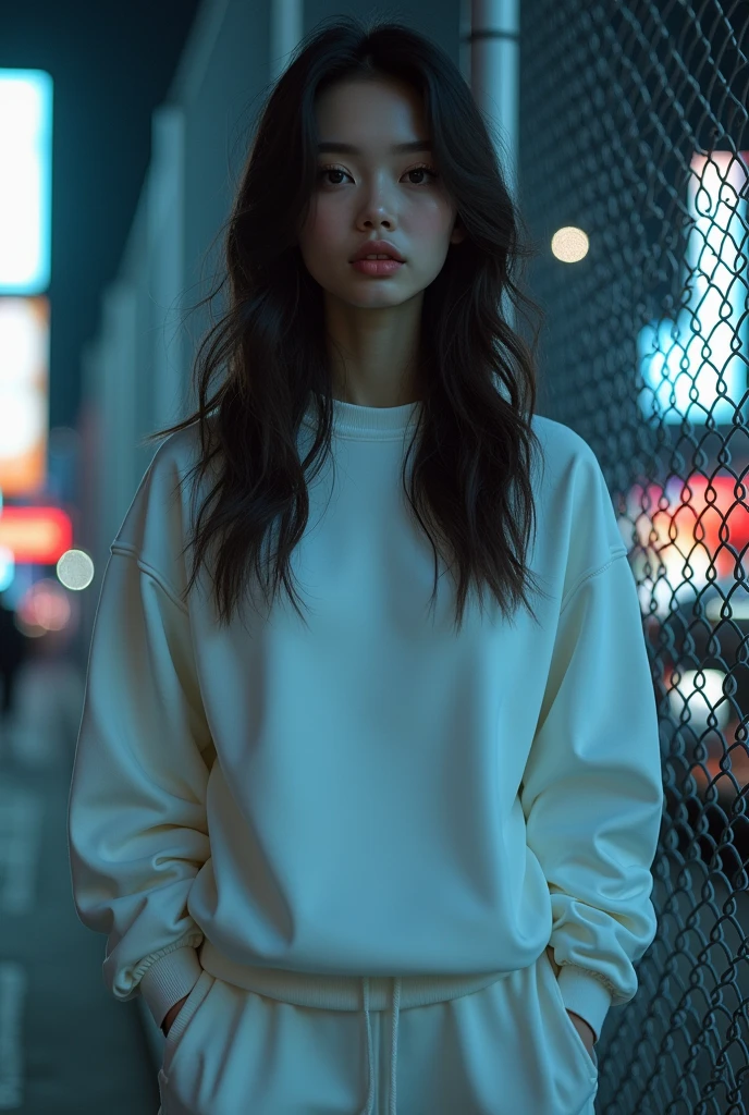 2 , beautiful, Wavy Hair, Almond Eyes, No makeup, white sweatshirt, Extra Large_shirt, Sweat pants, In front of the fence, City of night, Cyberpunk atmosphere, close, (Realistic:1.2), (Ultra-realistic:1.3), (Very detailed:1.1), ((masterpiece)),