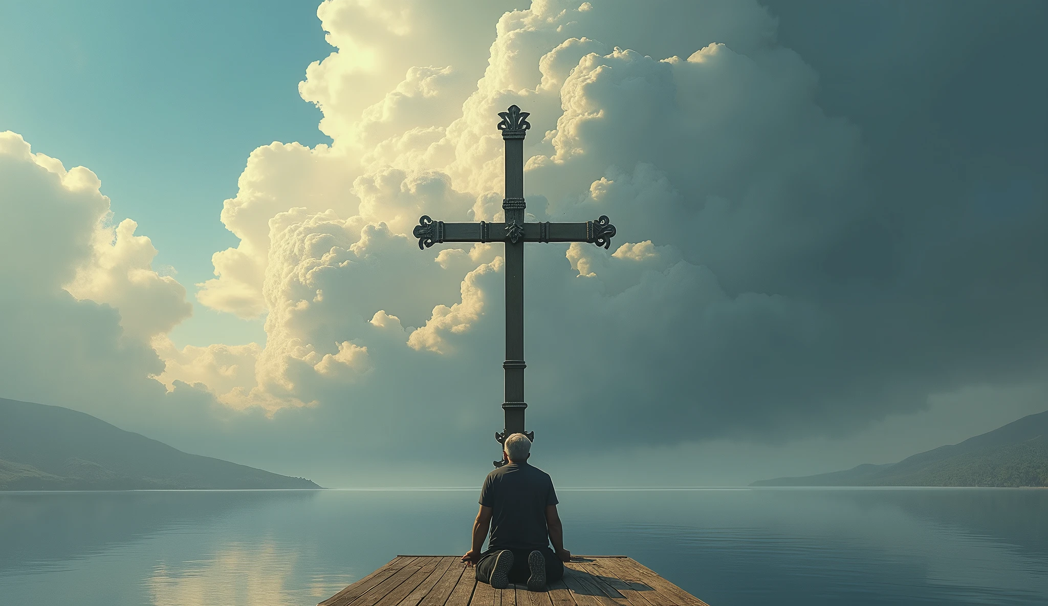 Christian man praying in front of the cross, middle of lake with huge cloud in sky