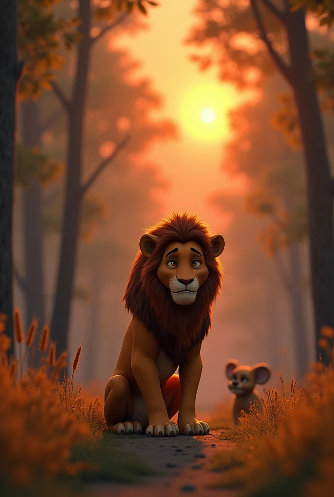  In 3D image animation style ''The Lion Returning Empty-Handed: The lion returns to the spot where it left the deer, only to find that the deer has escaped. The lion looks tired and disappointed, with its head hung low. The forest around is quiet, with a setting sun casting a warm orange glow, signaling the end of the day. The lion’s face shows regret for losing both the deer and the rabbit due to its greed.''







