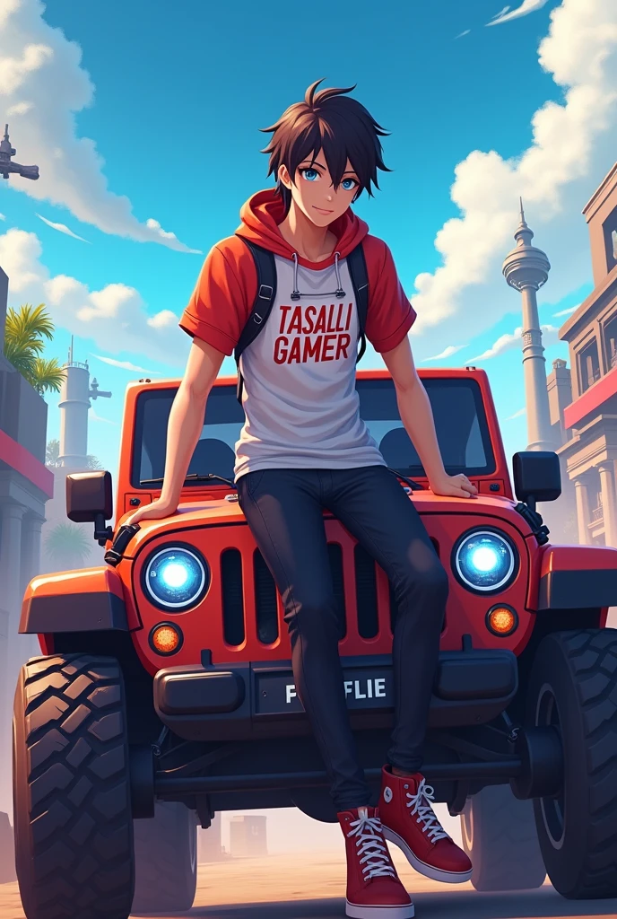 Anime type Free Fire background and Ai gaming character sitting on jeep , wiering a T-shirt, name on t-shirt was Tasalli Gamer