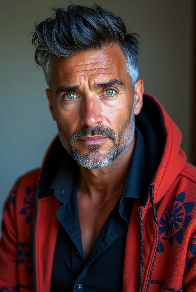 Name: Orion Payne
Age: 67
Appearance:
- Hair: Midnight Blue with gray at the edges, styled in a quiff with back and sides tape
- Body-shape: Bara bodybuilder, with large prominent pectoral muscles
- Eyes: Light blue
- Middle-aged but exceptionally handsome
- Muscular physique, with emphasis on chest and bicep muscles
- The angle of the depiction is closer and closer to the face, akin to a selfie
Attire:
- Black Aloha shirt paired with a Red Batik Hoodie
- His whole body is covered, exuding a professional yet stylish aura
Experience:
- Renowned professional coach with unparalleled expertise
- Former spy with a keen eye for strategy and tactics
Transformed from Optimus Prime's character into a human form, Orion Payne embodies strength, intelligence, and charisma. As a seasoned coach and former spy, he utilizes his exceptional physique and sharp mind to guide and mentor others towards success.