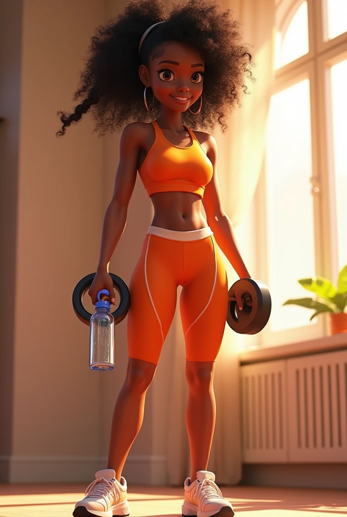 pixar 3d drawing of a black brazilian woman, full body hair tied in ponytail and braid in gym clothes standing holding a bottle of water and a gym weight