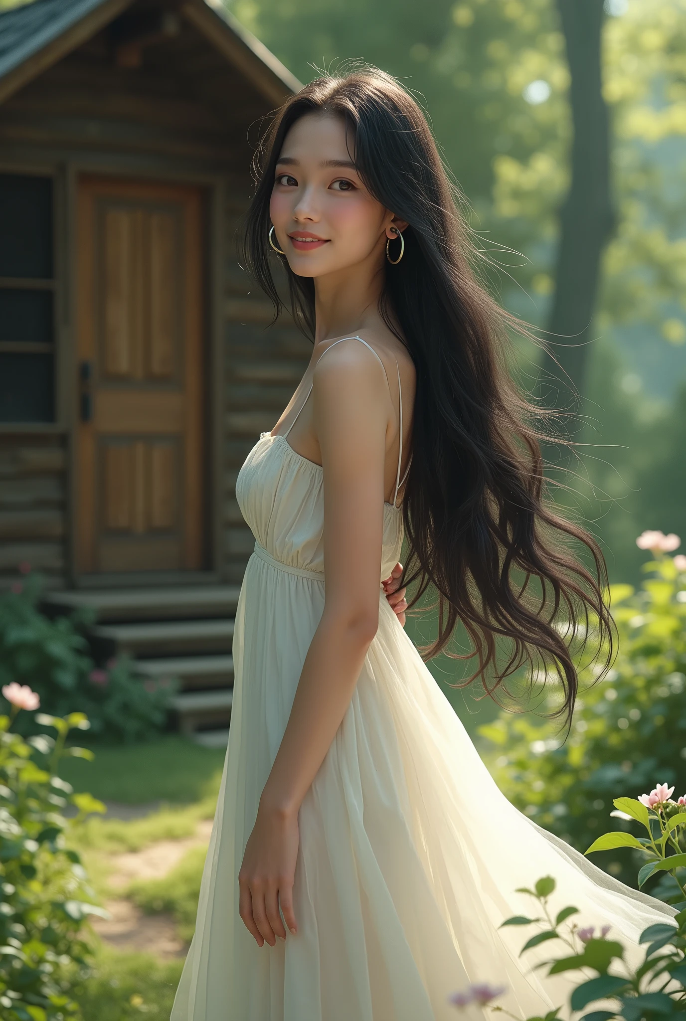 She was a girl with long black hair and a white dress. She was tall and slender. Her facial features were gentle and beautiful. She had a cute face and a background outside a cabin in the forest. Her eyes were gentle and she had a smile on her face
